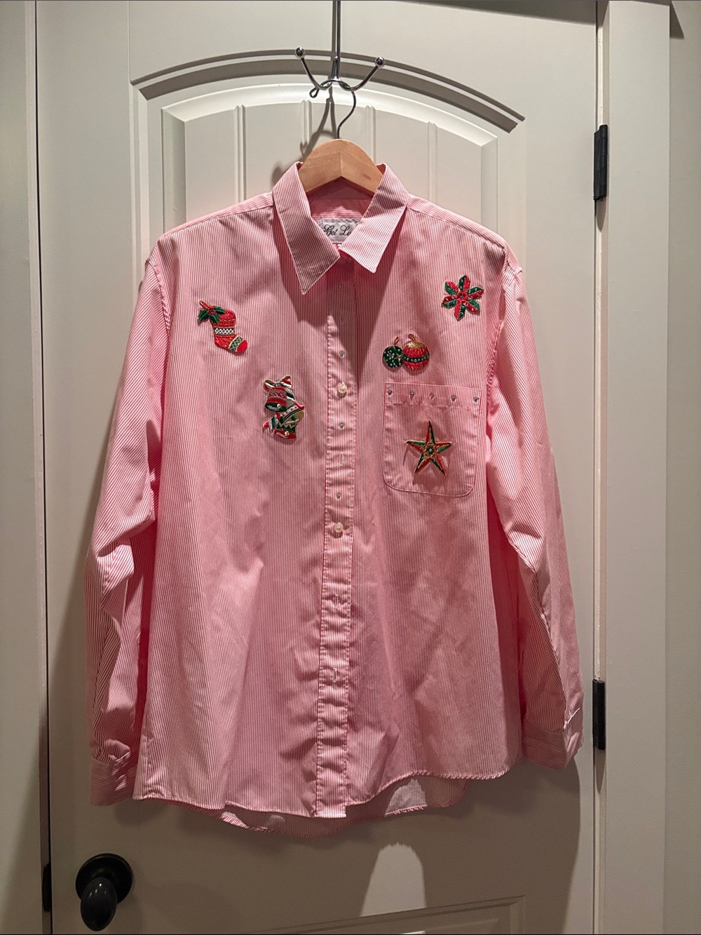 Vintage red striped holiday shirt with appliqués